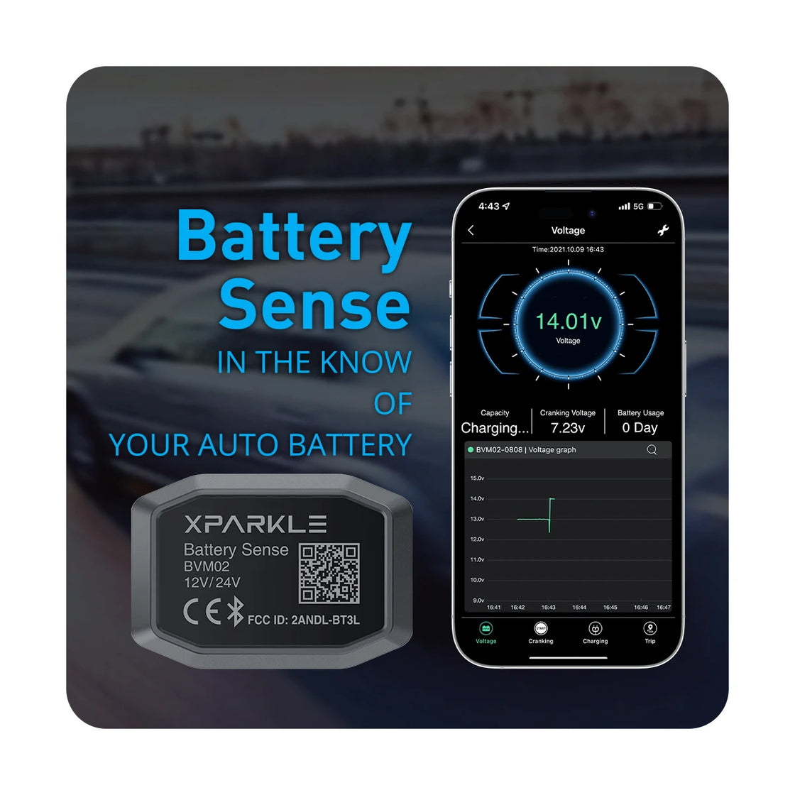 Wireless Vehicle Battery Monitor for 12V and 24V Batteries, Model BVM02, Real-Time Health Tracking