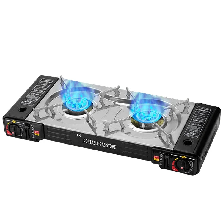 Portable Double Burner Butane Stove with Grill for Outdoor Cooking