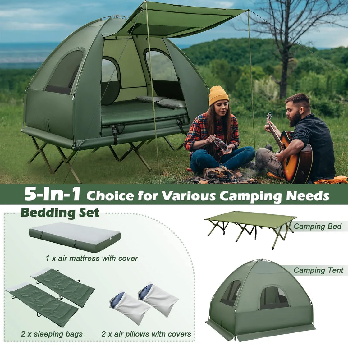 2-3 Person Portable Elevated Camping Tent with Foldable Bed, Waterproof Oxford Fabric, Quick Automatic Opening, 240x240x155cm