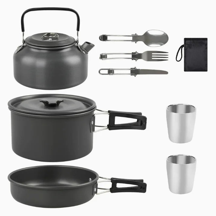 VTX-1824805 8in1 Outdoor Picnic Alumina Boiling Pot Frying Pan Set Accessories Portable Cookware Party Hiking Camping Travel