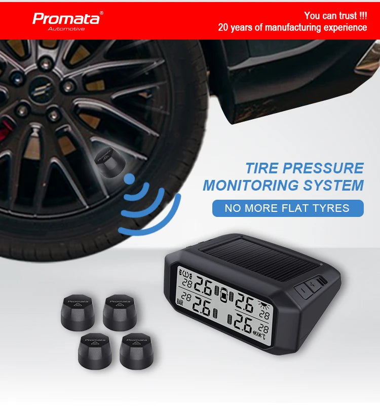 Universal Digital Tire Pressure Monitoring System with 4 Sensors, 12V, Black