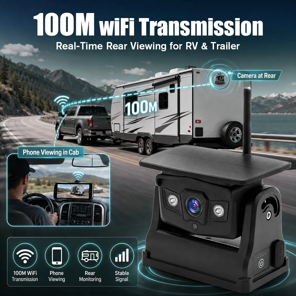 Wireless Solar Battery Outdoor Camera with Magnetic Base for Trucks, RVs, Trailers, and Campers - 1080P, Waterproof, 100M WiFi Transmission