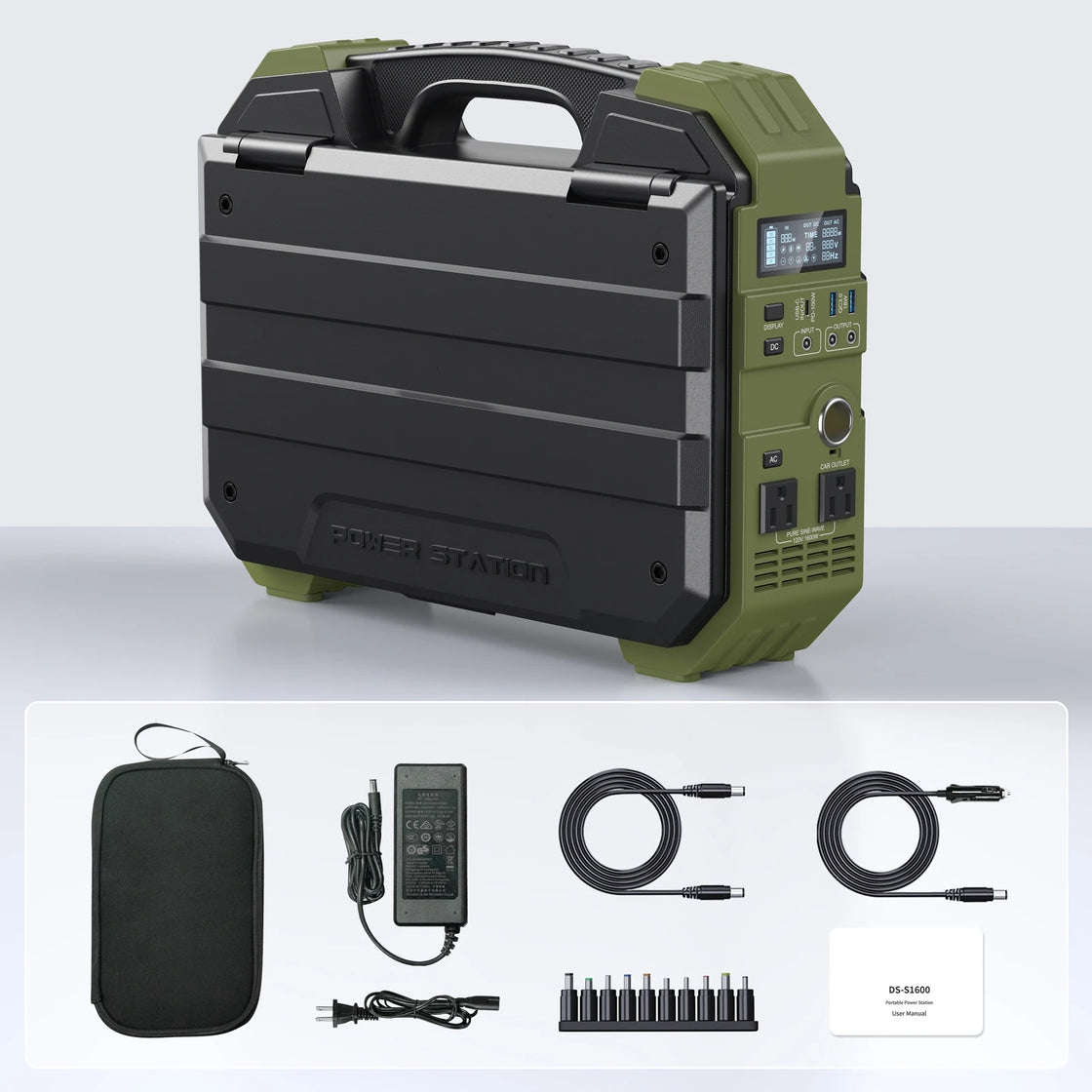 1600W Solar Generator Power Station with Built-in Solar Panel, AC/DC/USB Outputs, IP55 Waterproof, Green