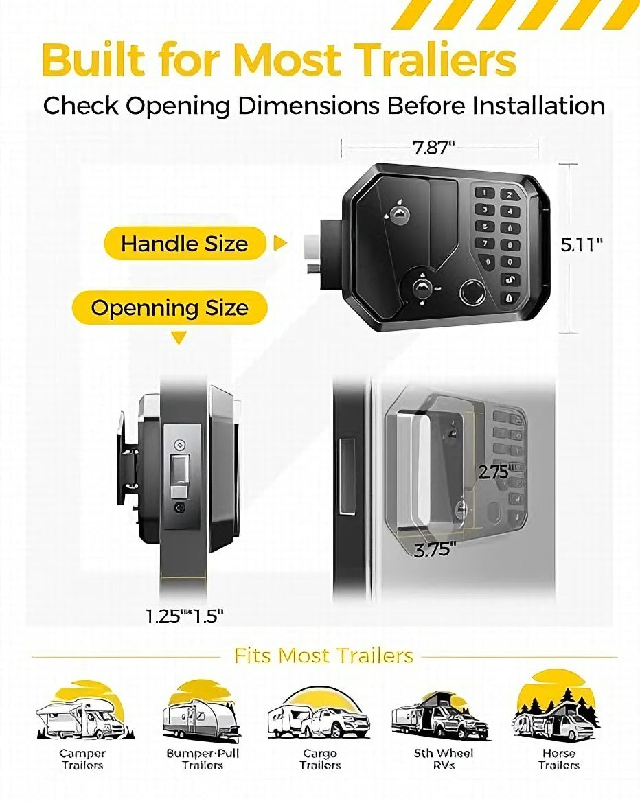 All Metal RV Keyless Door Lock System with Remote Control, Password, and Fingerprint - Black