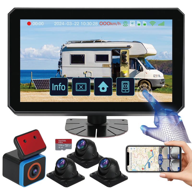 VTX-4986021 6CH AI WiFi GPS RV Backup Camera System 10.1" Touch Screen Monitor 4 1080P Cameras Mobile DVR Dash Cam Sentry Mode