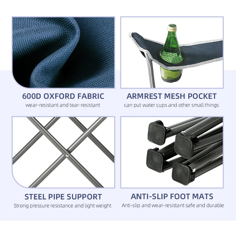 Folding Outdoor Metal Camping Chair with Cup Holder, Portable Picnic Chair, Steel Tube Leg, 600D Oxford Fabric, 200kg Capacity