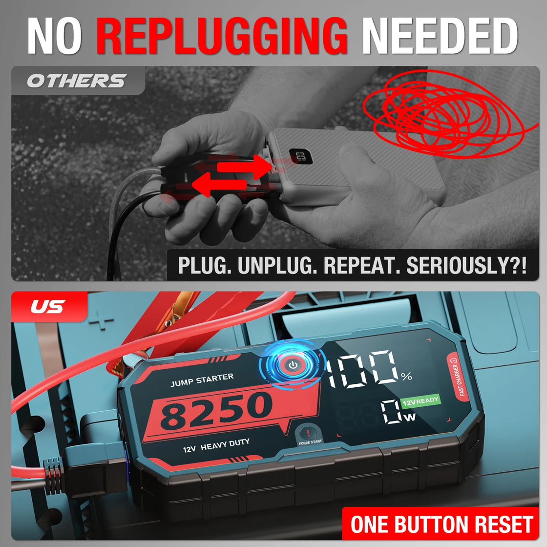Car Battery Jump Starter F40, Lithium-ion Polymer, 3400AMP Peak Current, USB-A/-C Output, LED Lighting, Black, 22.8*10.4*4.3cm