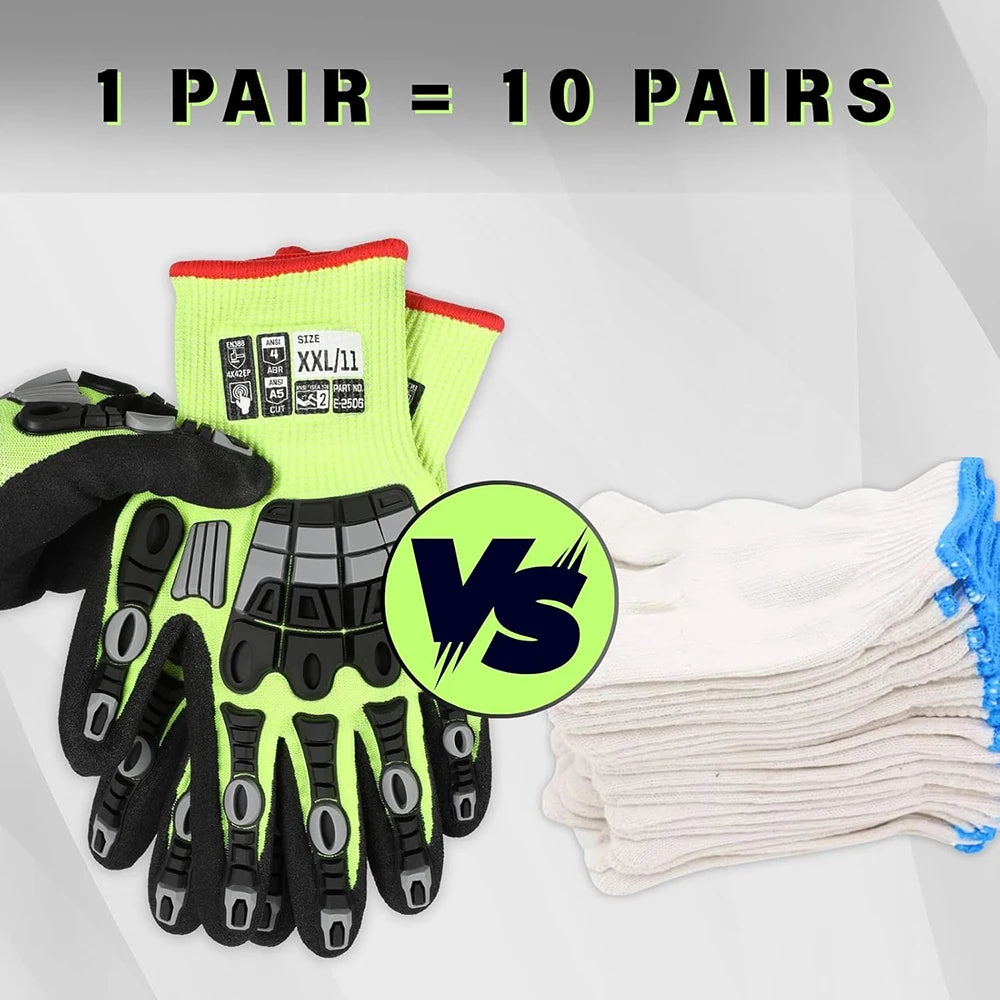 Men's Anti-Impact Safety Work Gloves, TPR Coated, Nitrile Sandy, Cut Resistant, Waterproof, Touchscreen, General Purpose