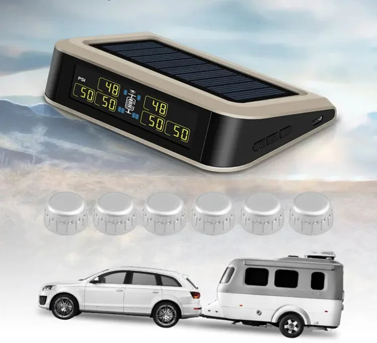 Wireless Tire Pressure Monitoring System with 6 External Sensors for RV and Trailer, Solar Powered, LCD Display