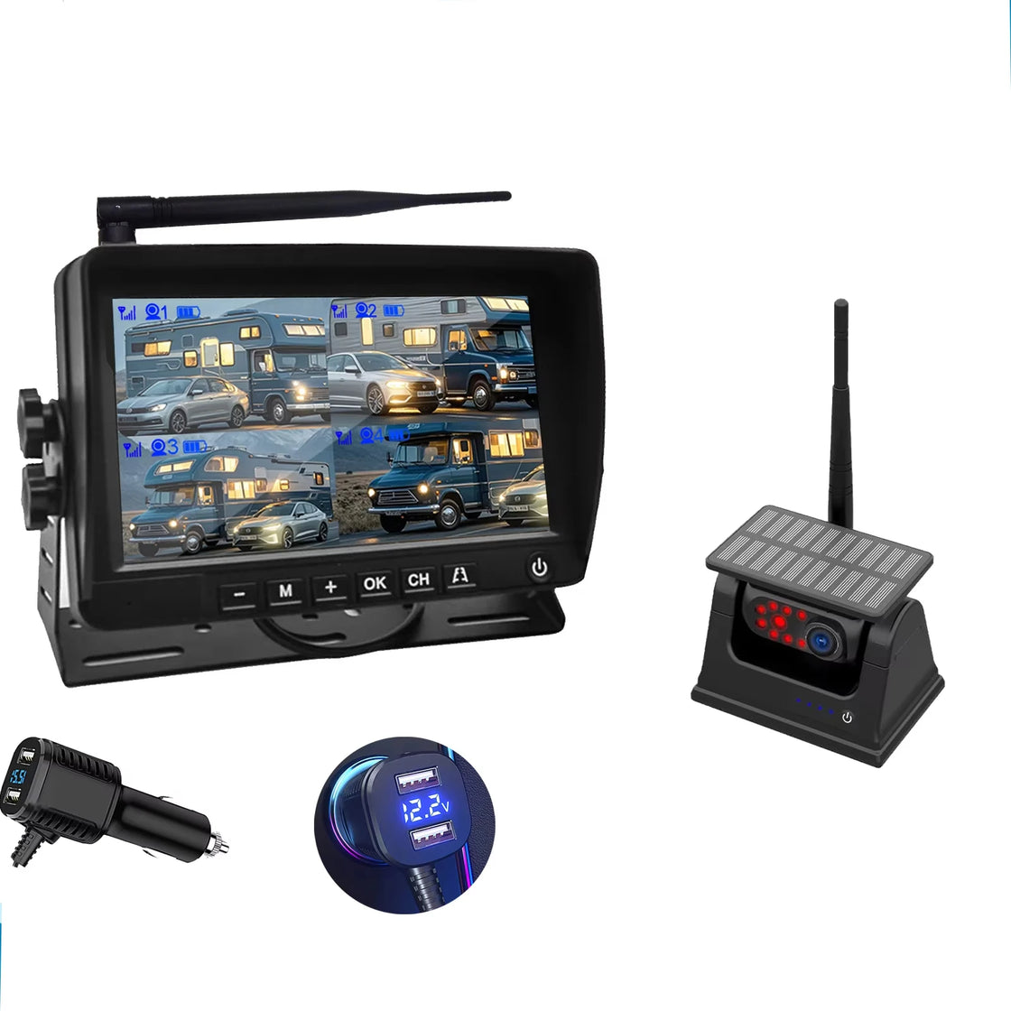 7 Inch Solar Wireless Night Vision Waterproof Rear View Camera with DVR Recording for Trucks and RVs