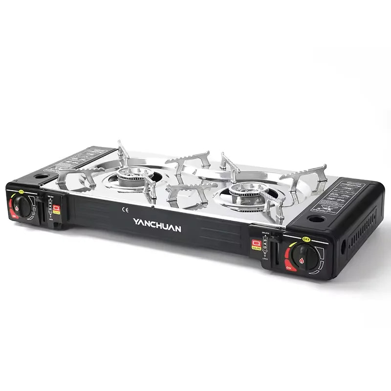 Portable Double Burner Butane Stove with Grill for Outdoor Cooking