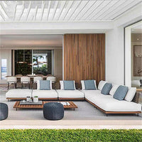 VTX-3085477 Italian Garden Outdoor Furniture Stainless Steel Legs Arms Handcrafted Teak Wooden Sofa Sets Fabric Modern Patio
