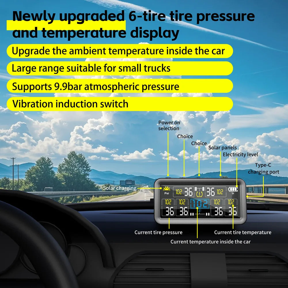 6 Wheels Tire Pressure Monitoring System for Vans RVs Caravans - External Sensor LCD Display
