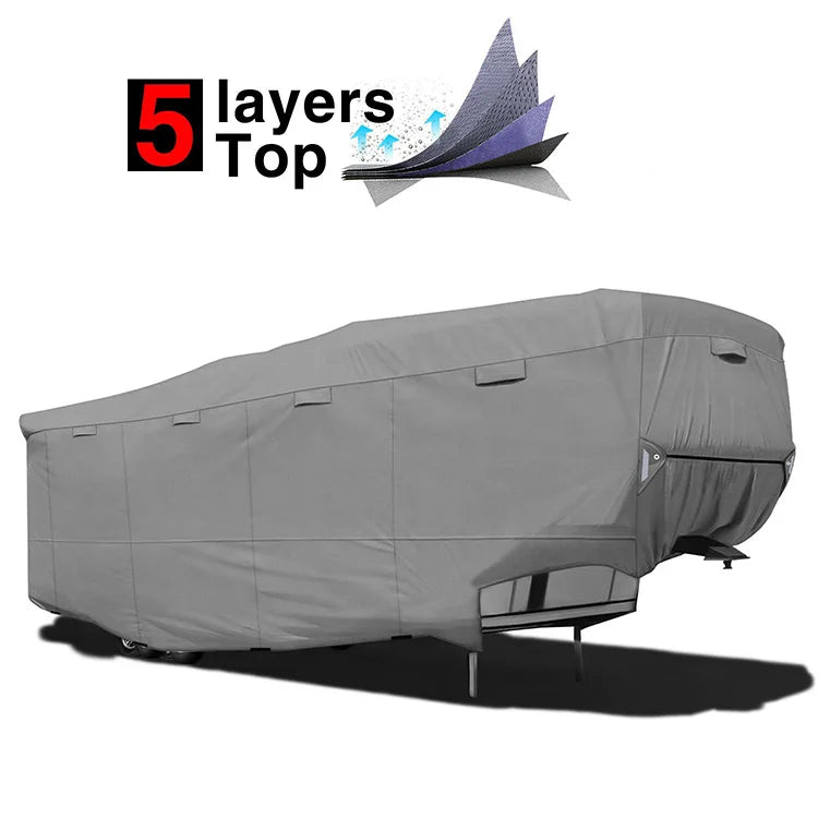 Lockable 5th Wheel RV Cover Kit, 100% Waterproof Non-Woven Fabric with 4 Tire Covers and 2 Straps