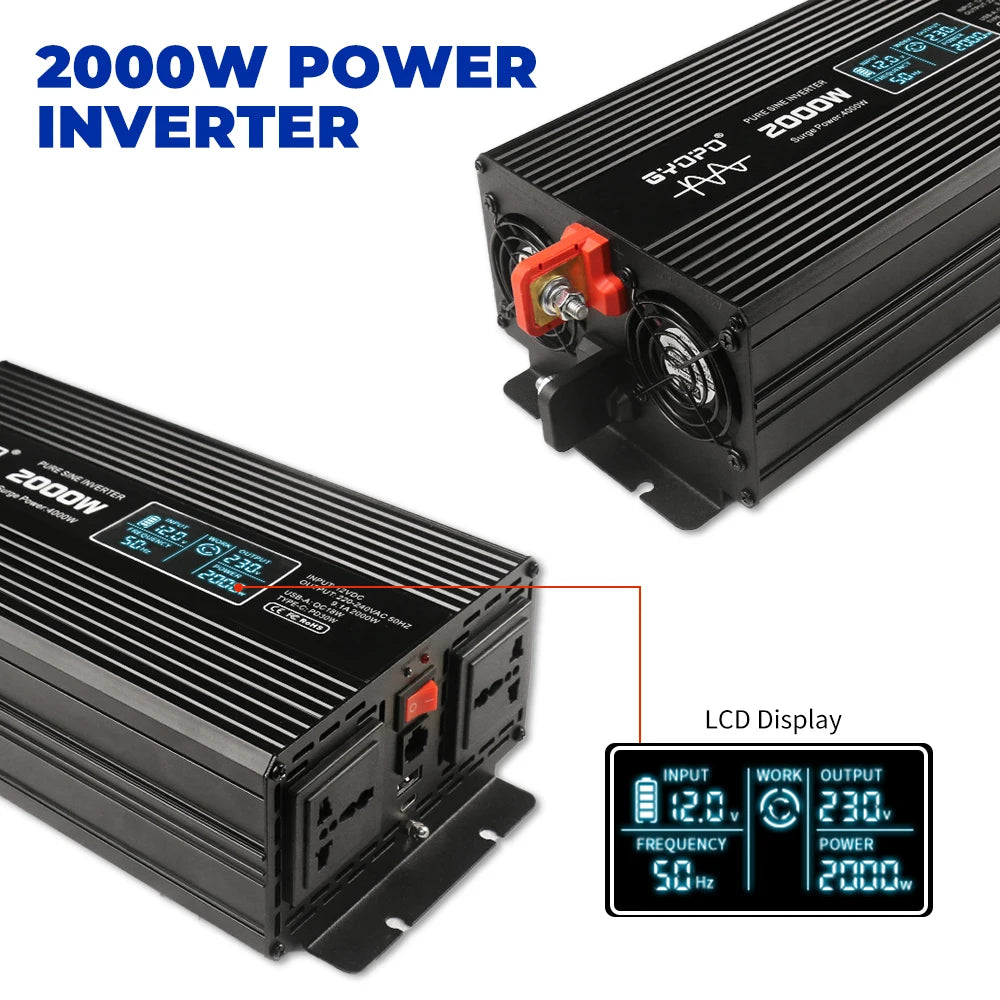 2000 Watts DC/AC Inverter with LCD Remote Control, Pure Sine Wave Output, Off-Grid, 4000W Peak Power, Black, 1 Year Warranty
