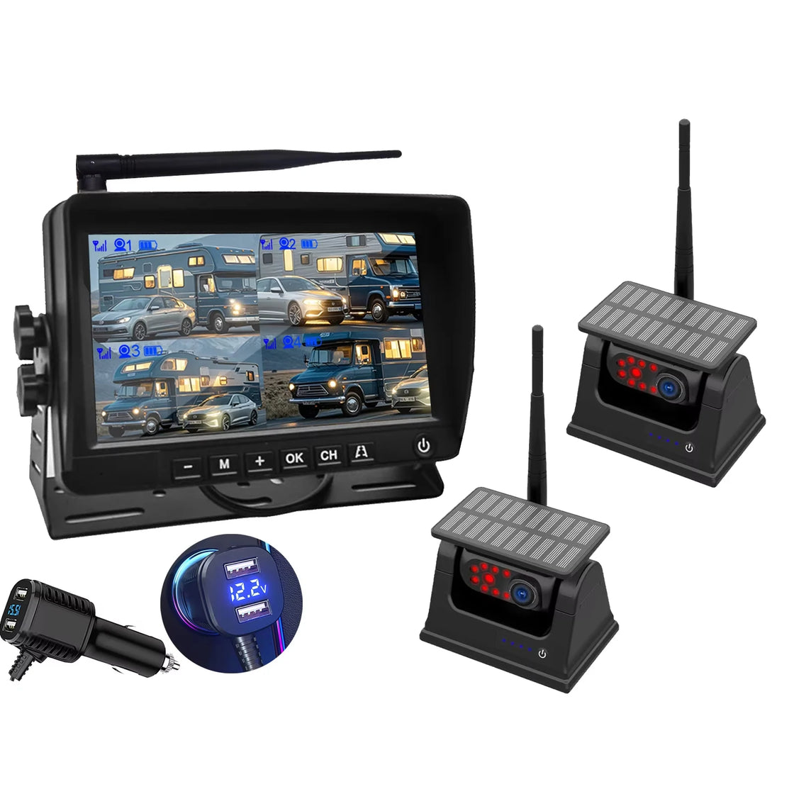 7 Inch Solar Wireless Night Vision Waterproof Rear View Camera with DVR Recording for Trucks and RVs