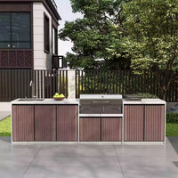 VTX-2757797 Modern Outdoor Kitchen Workstation Villa Featuring Slate BBQ Island Garden Prep Sink & Aluminum Alloy Beverage Center