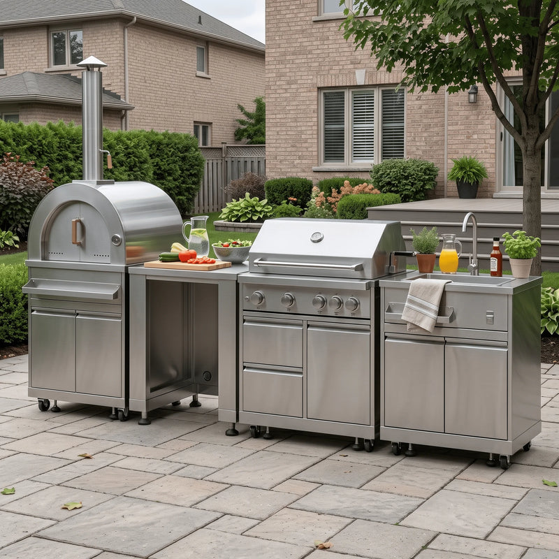 VTX-2921637 Commercial Food 304 Stainless Steel Outdoor Kitchen Modular L Shaped BBQ Island Home Prep Space Cooking Breakfast