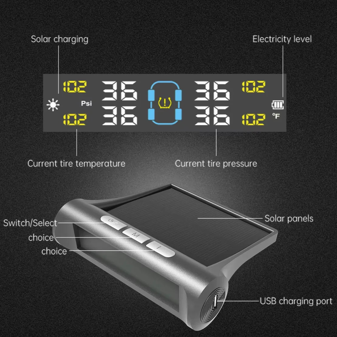 Digital Tire Pressure Monitoring System with 4 Solar-Powered Sensors for Universal Fit