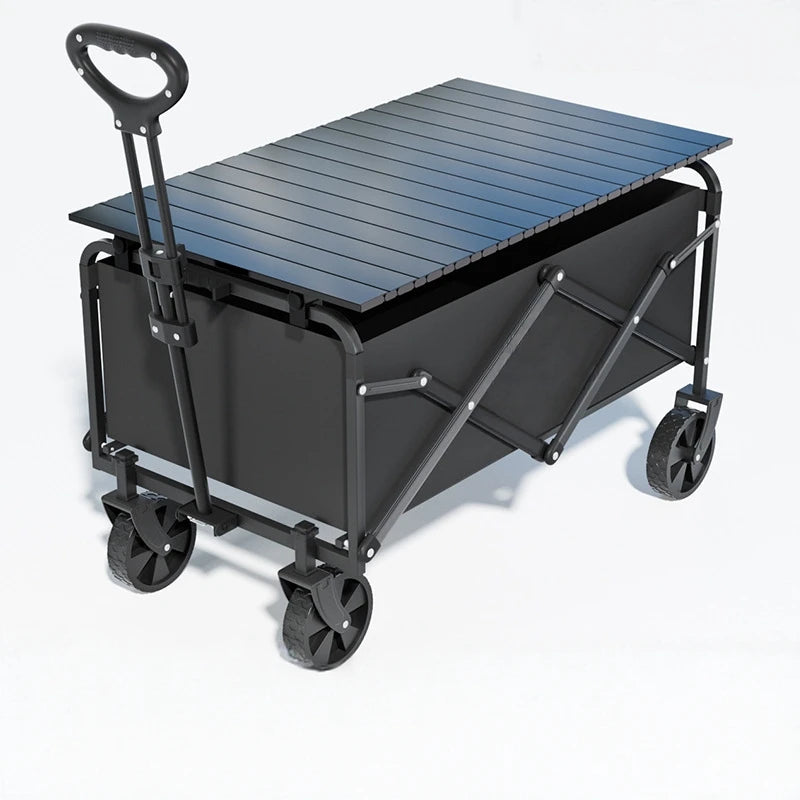 Multi-Terrain Foldable Four-Wheel Shopping and Travel Trolley Cart with Table Board, Steel Construction, 90x50x55 cm