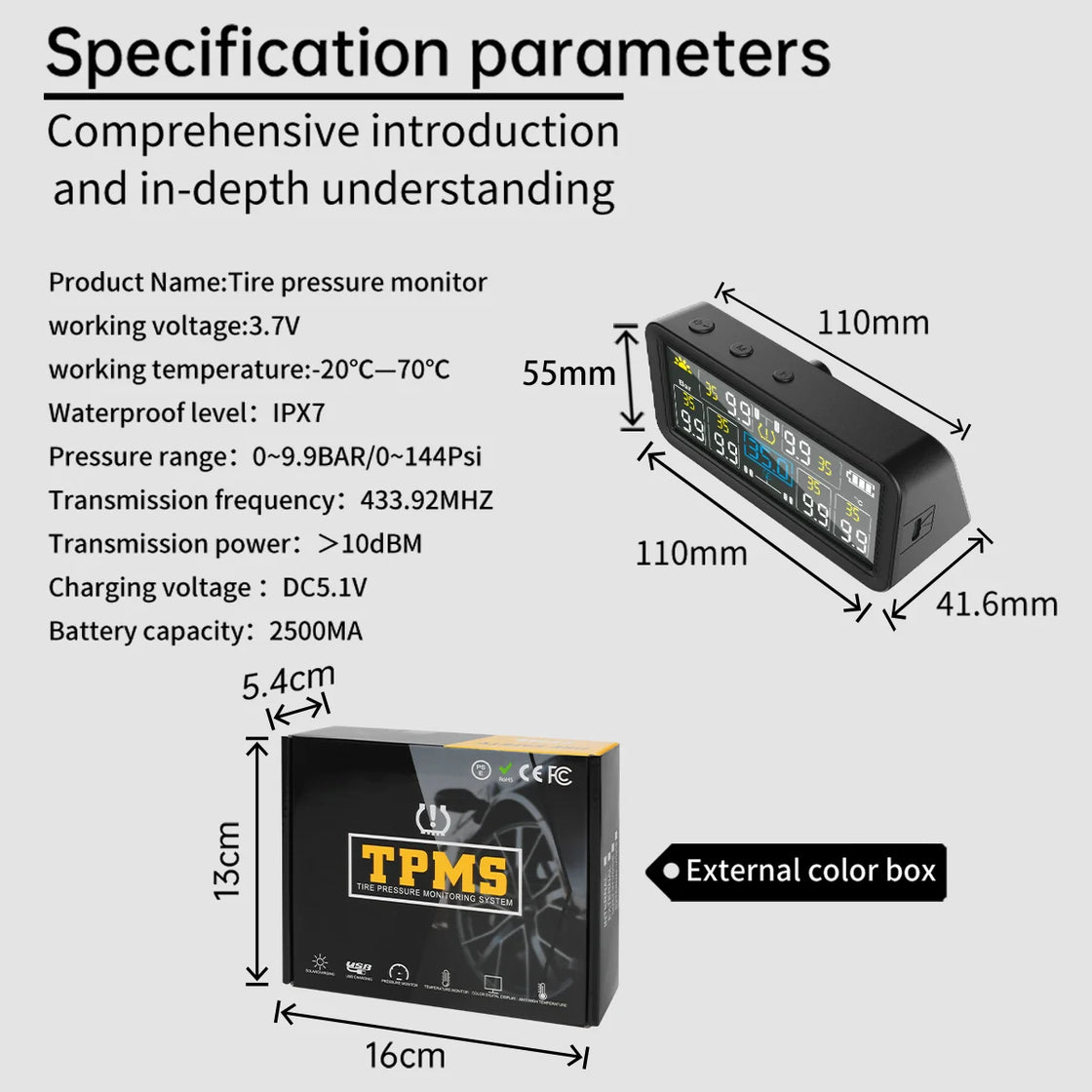Solar Tire Pressure Monitoring System for RV Trailer with 6 External Sensors and 4" LCD Display