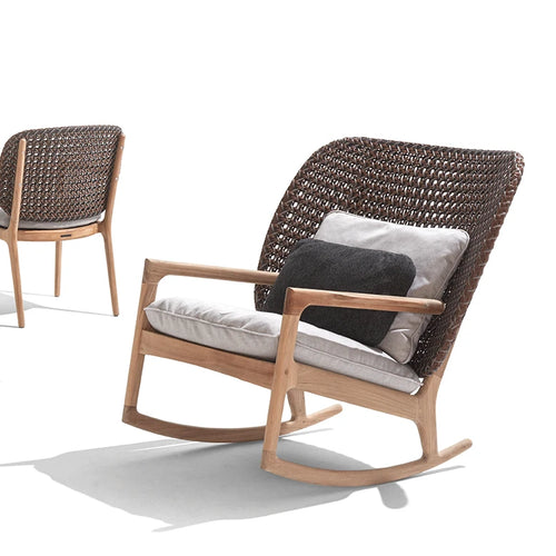 VTX-3249317 Leisure Teak Wood Frame Rattan Chair Patio Outdoor Garden Rocking Balcony Sets Modern Living Room Backyard Deck