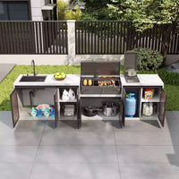 VTX-2757797 Modern Outdoor Kitchen Workstation Villa Featuring Slate BBQ Island Garden Prep Sink & Aluminum Alloy Beverage Center