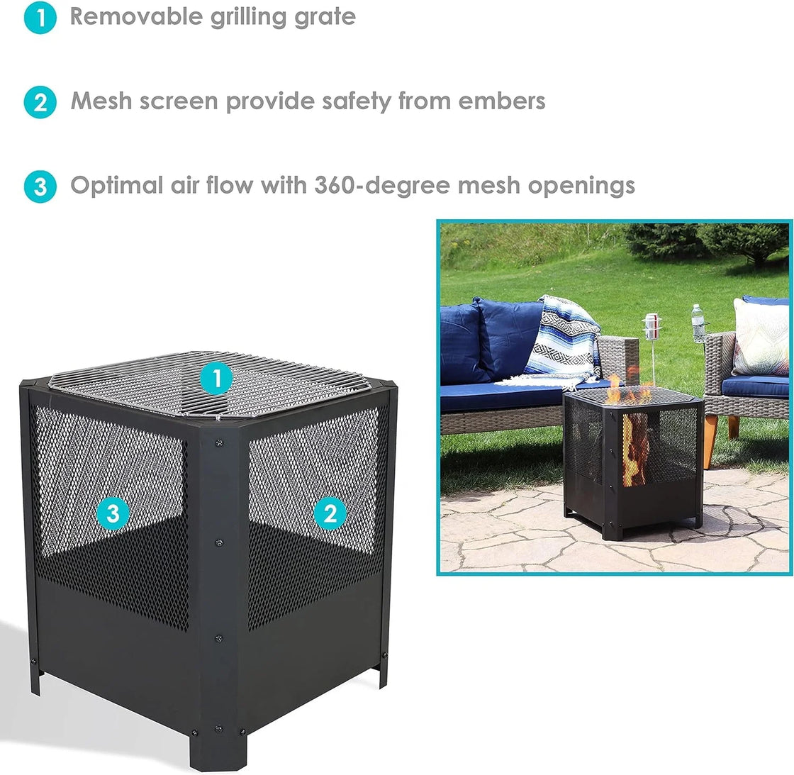 Customized Square Outdoor Wood-Burning Fire Pit with Cooking Grill, Alloy Steel, 42.5cm x 42.5cm x 50.2cm