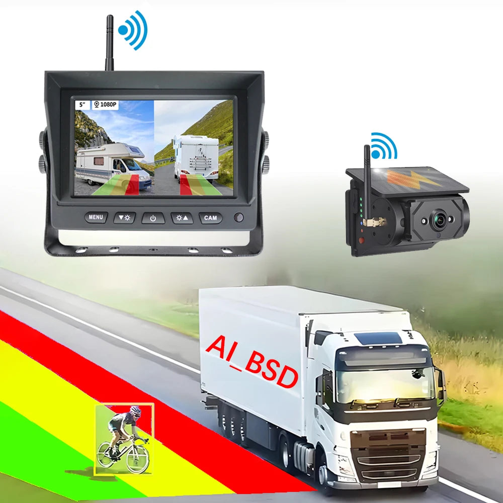 Wireless Solar Backup Camera with Magnetic Base and 5-Inch IPS Monitor for RV and Van