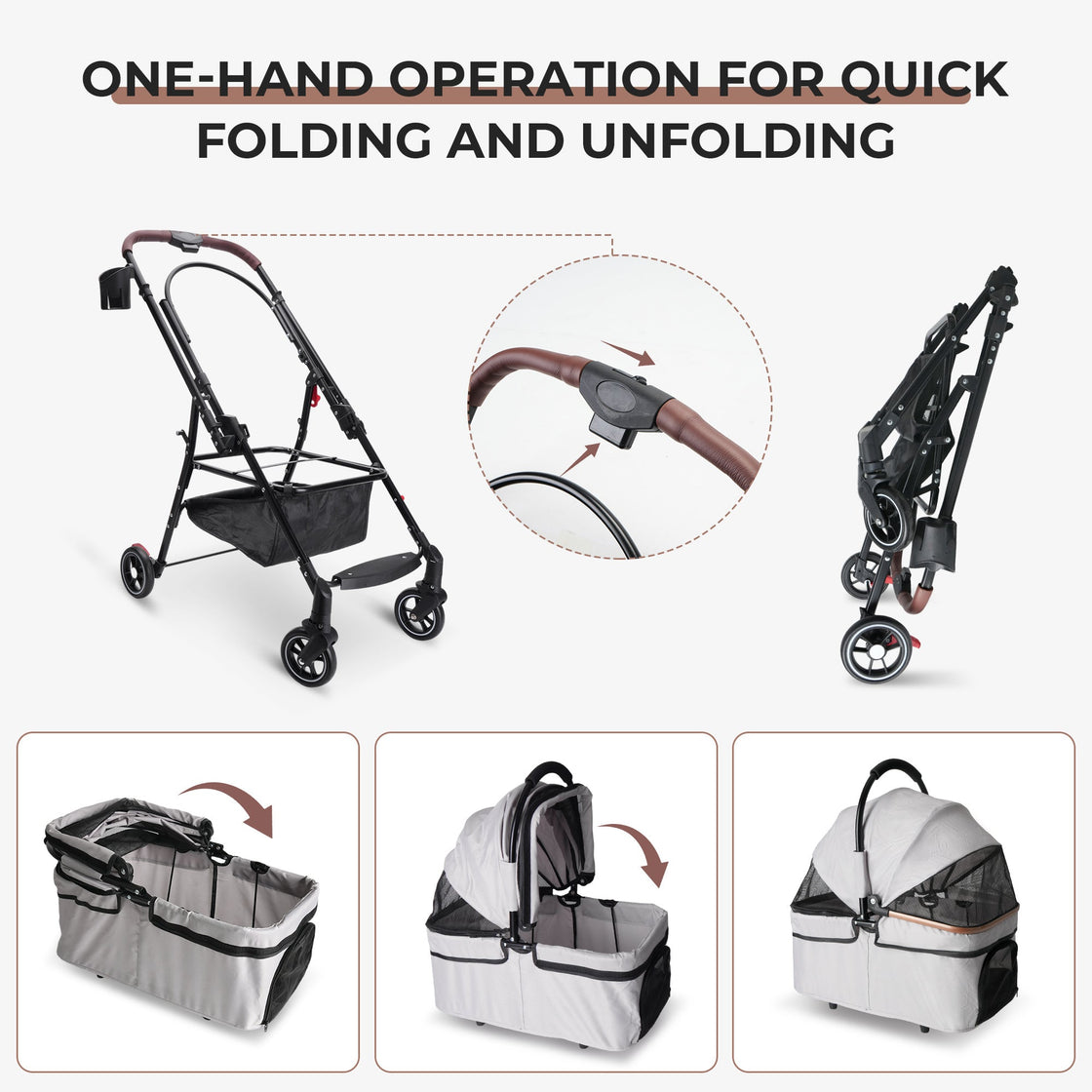 KFX-8264765 Foldable 4-Wheel Pet Stroller with 360° Rotating Wheels, Detachable Carrier, and Travel Bag for Small Dogs and Cats