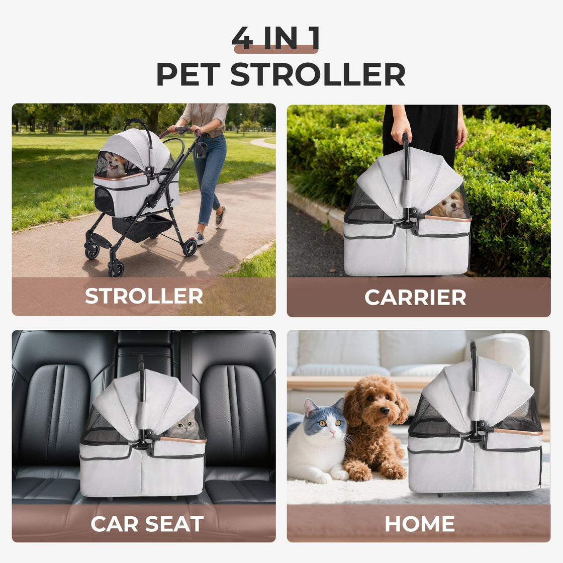 KFX-8264765 Foldable 4-Wheel Pet Stroller with 360° Rotating Wheels, Detachable Carrier, and Travel Bag for Small Dogs and Cats