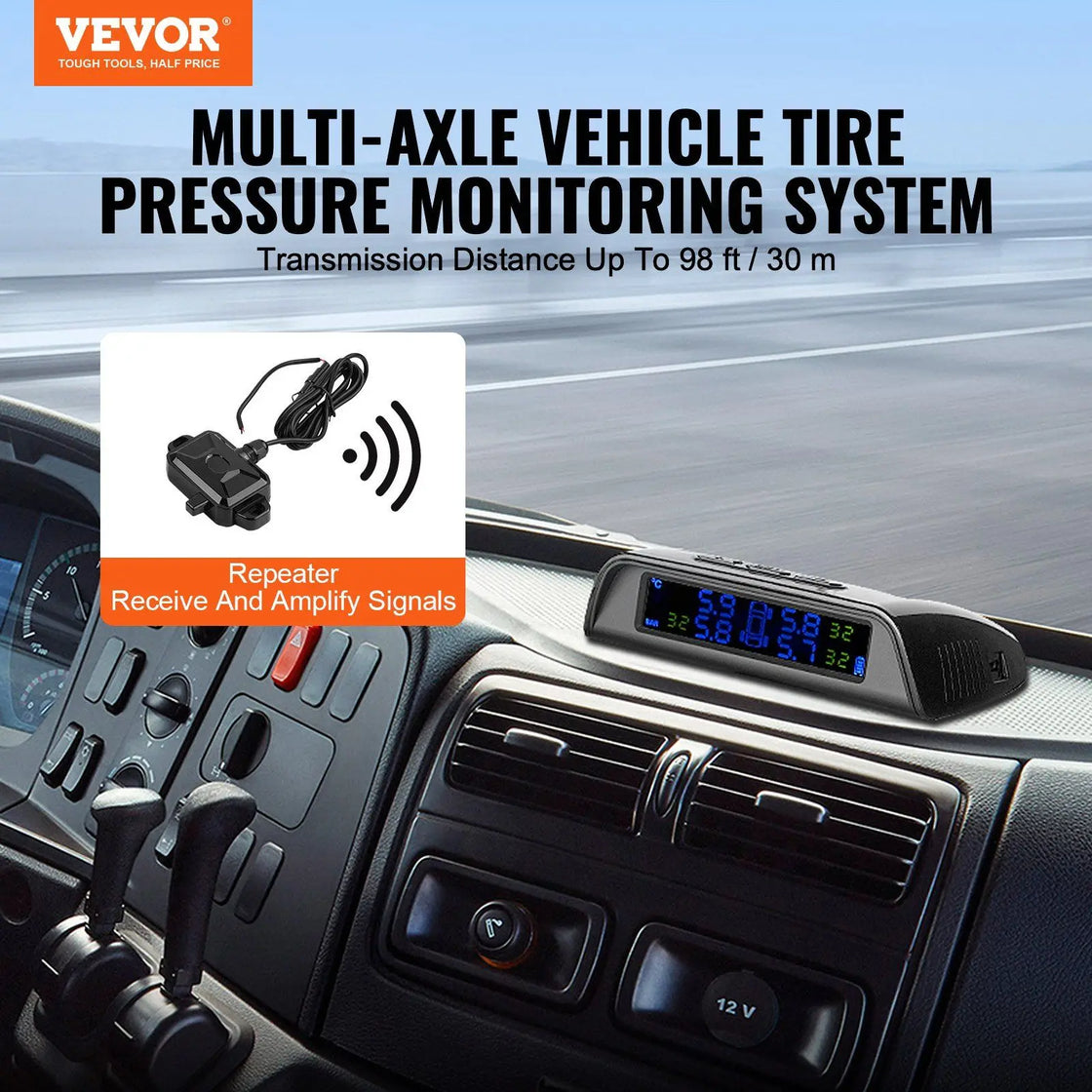 Real-Time Solar Powered Tire Pressure Monitoring System with 6 External Sensors for Trailers, Model D0100HRIJ16