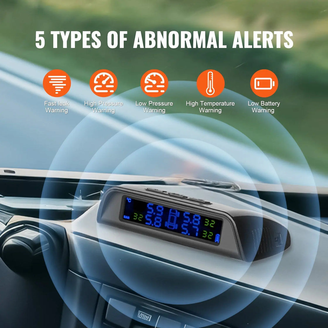Real-Time Solar Powered Tire Pressure Monitoring System with 6 External Sensors for Trailers, Model D0100HRIJ16