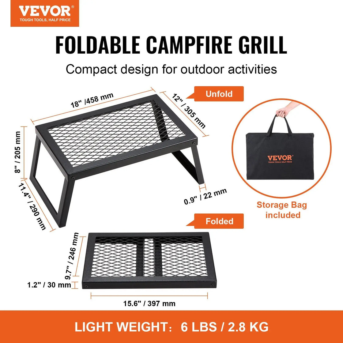 18 Inch Steel Folding Campfire Grill with Carrying Bag for Outdoor Cooking, Model D0100HAM70G
