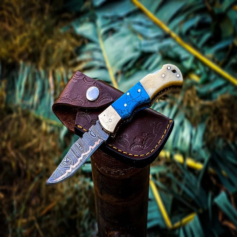 VTX-2578469 Damascus Steel Folding Knife Effective Outdoor Survival Pocket Camping Leather Case Hunting Drop Shipping Available